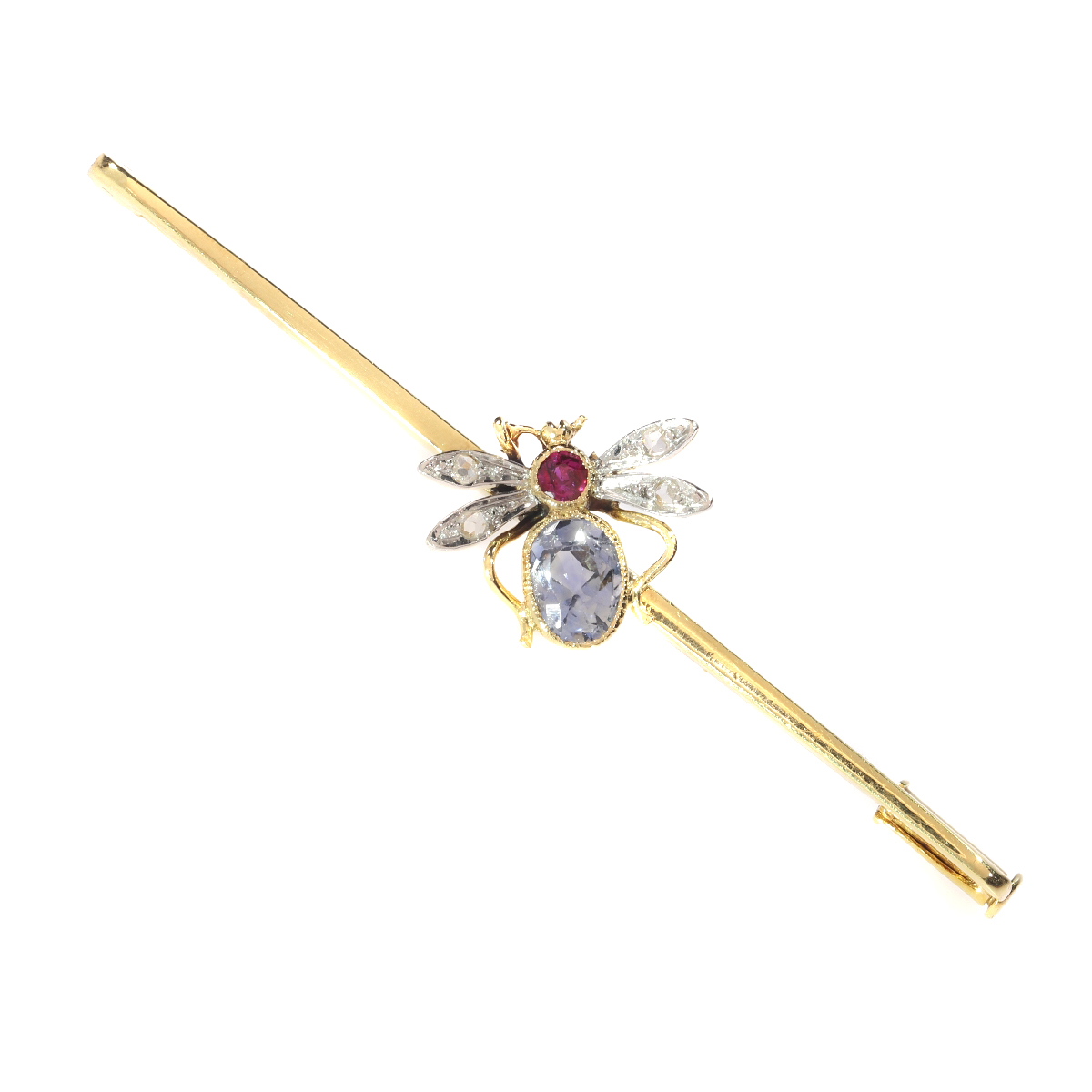 Vintage bar brooch with insect set with ruby, sapphire and rose cut diamonds